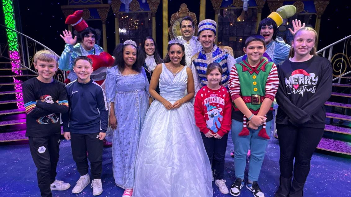 Children from Kirkheaton Primary School with the cast of Cinderella 