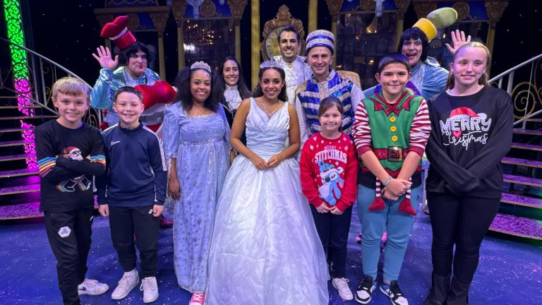 Children from Kirkheaton Primary School with the cast of Cinderella 